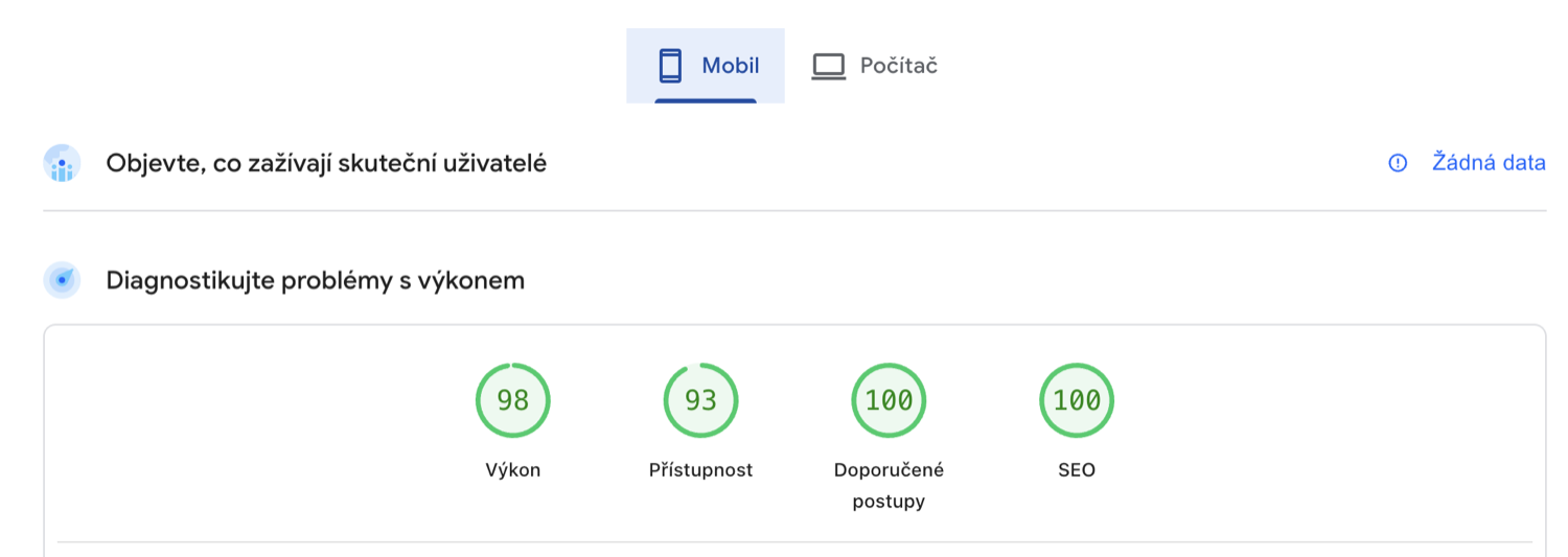 Google PageSpeed: 98 / 93 / 100 / 100