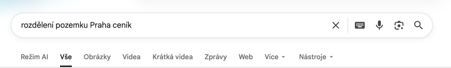 Поисковый запрос Google: rozdělení pozemku Praha ceník