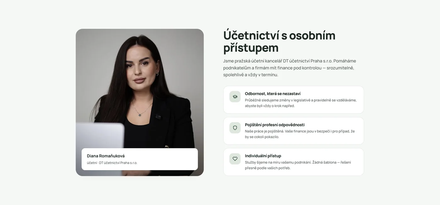 Блок «Účetnictví s osobním přístupem»: фото Diana Romaňuková и сигналы доверия