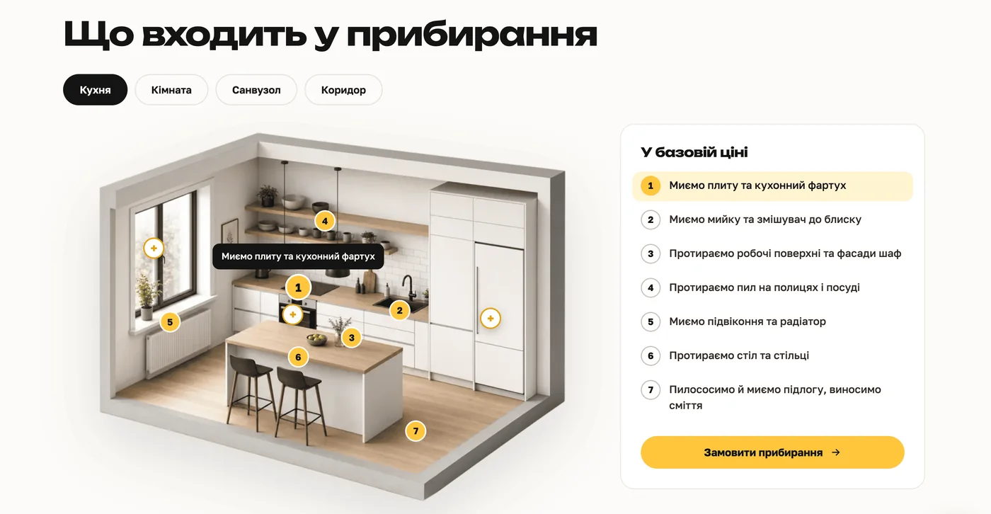 Интерактивная квартира: наведение на комнату показывает, что именно убирают